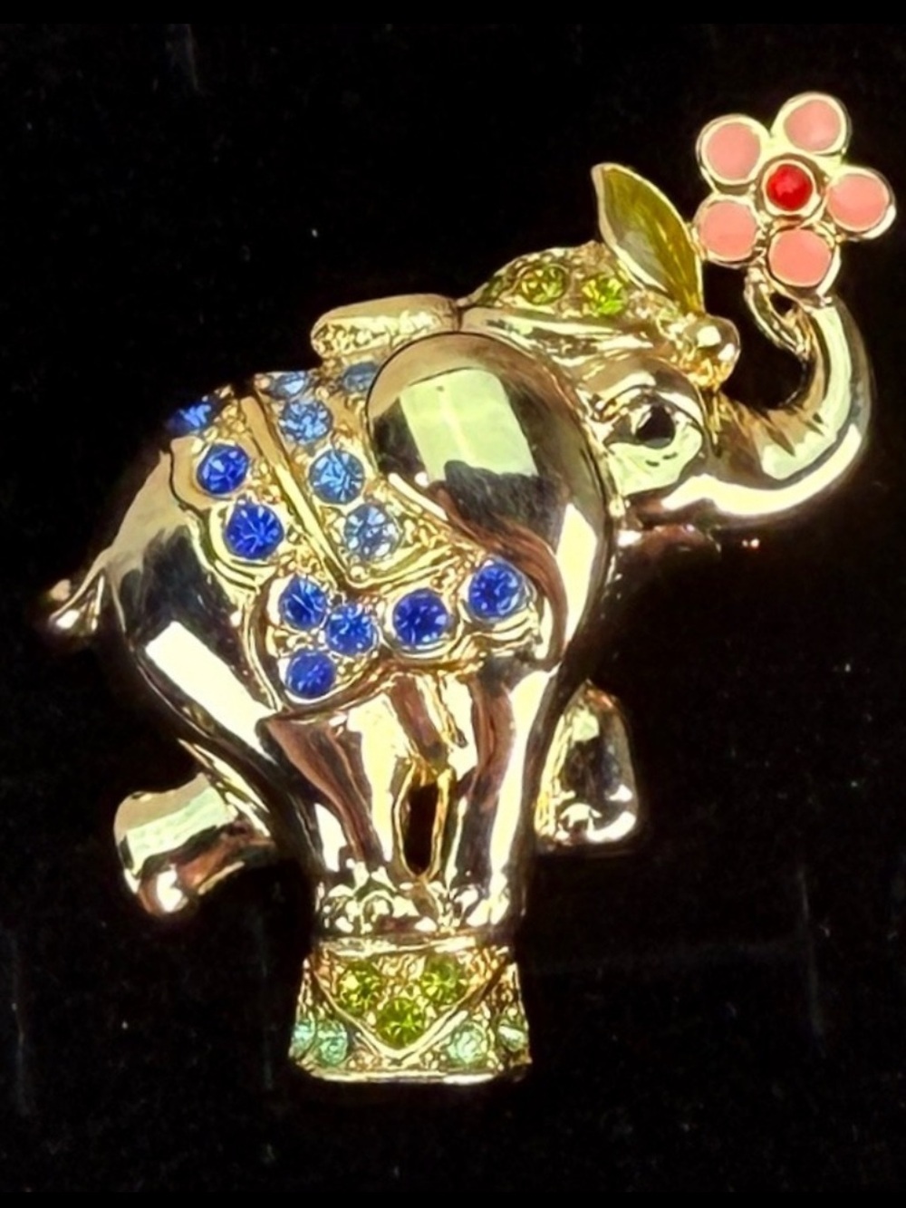 Vintage Goldtone Lucky Elephant Blue and Green Accents Brooch
